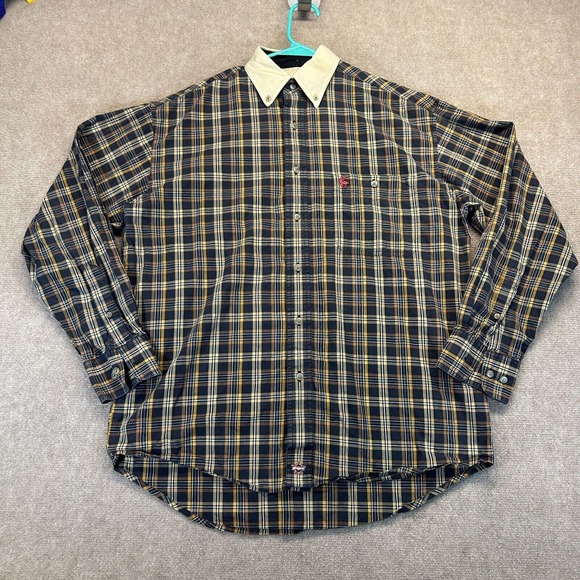 Wrangler PBR Shirt Men's Medium Plaid Long Sleeve Button Down Rodeo Bull Riding - Picture 1 of 10